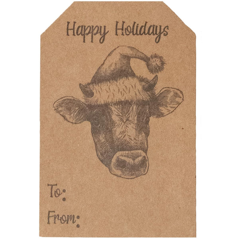Natural Kraft Country Christmas Gift Tag Stickers – 2 x 3 Inch Vintage Farm Animal Designs – 100 Adhesive Labels Featuring Cow, Goose, and Pig – Eco-Friendly, Made in USA