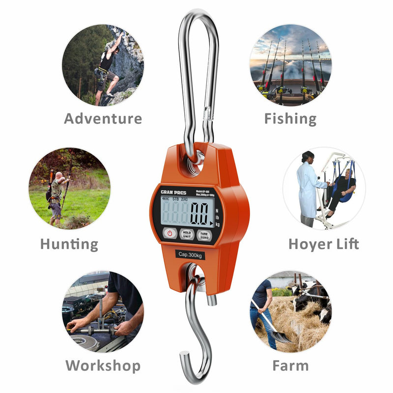 GRAM PRES Digital Hanging Scale, Mini Crane Scale 660LB/300KG,Deer Hunting Scales,Digital Scale with Hooks for Farm Fishing, Fish,Luggage，Outdoor.