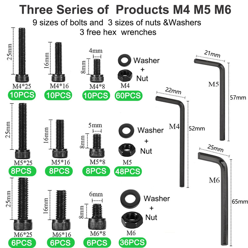 [Australia - AusPower] - 219 Pcs M4 M5 M6 Black Metric Hex Socket, 12.9 Grade Alloy Steel Head Cap Screws Bolts Washers Nuts Kit, Hex Socket Bolts and Nuts Assortment Set Screws Black Socket Head 
