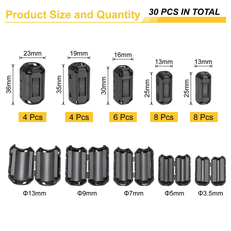 QUARKZMAN 30pcs 5 Sizes Clip-on Ferrite Ring Core, Ferrite Bead EMI RFI Noise Cable Clip for 3.5mm/5mm/7mm/9mm/13mm Diameter Cable, Black 30