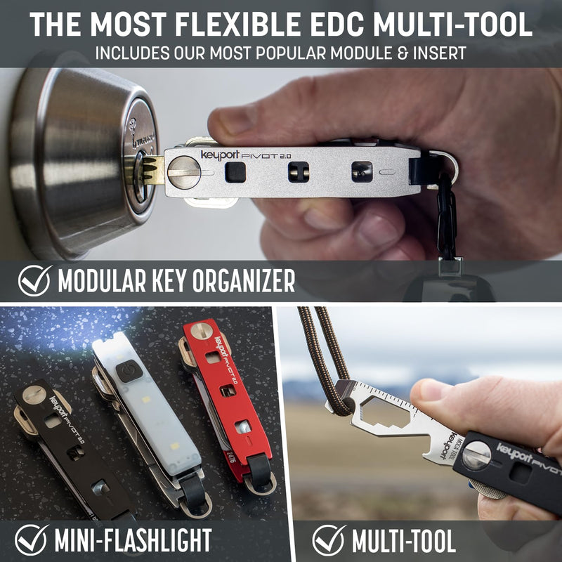 EDC Key Organizer Bundle - Compact Key Holder + Mini-Flashlight + 10-in-1 Keychain Multitool + Lost & Found - Premium Pocket Tool - Unique Gift for Men - Keyport Pivot 2.0 Essential Plus Kit (Silver) Silver