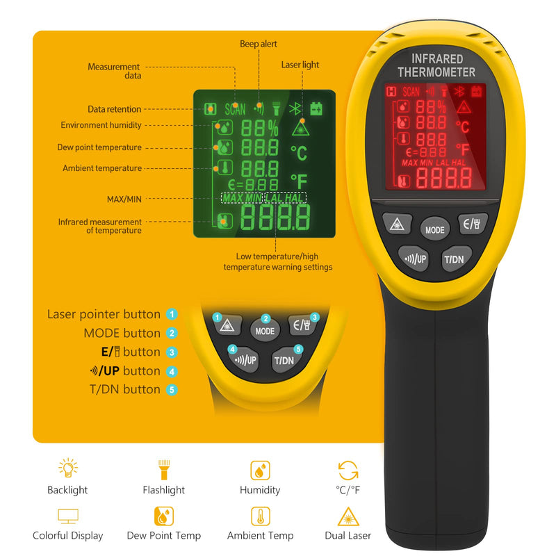 [Australia - AusPower] - Pyrometer, Industrial Laser Thermometer Gun-58℉~1472℉ High Temp Infrared Thermometer, Non-Contact Thermometer w/Humidity, Ambient Temperature & Dew Point, Temp Alarm【NOT for Human】 985E 