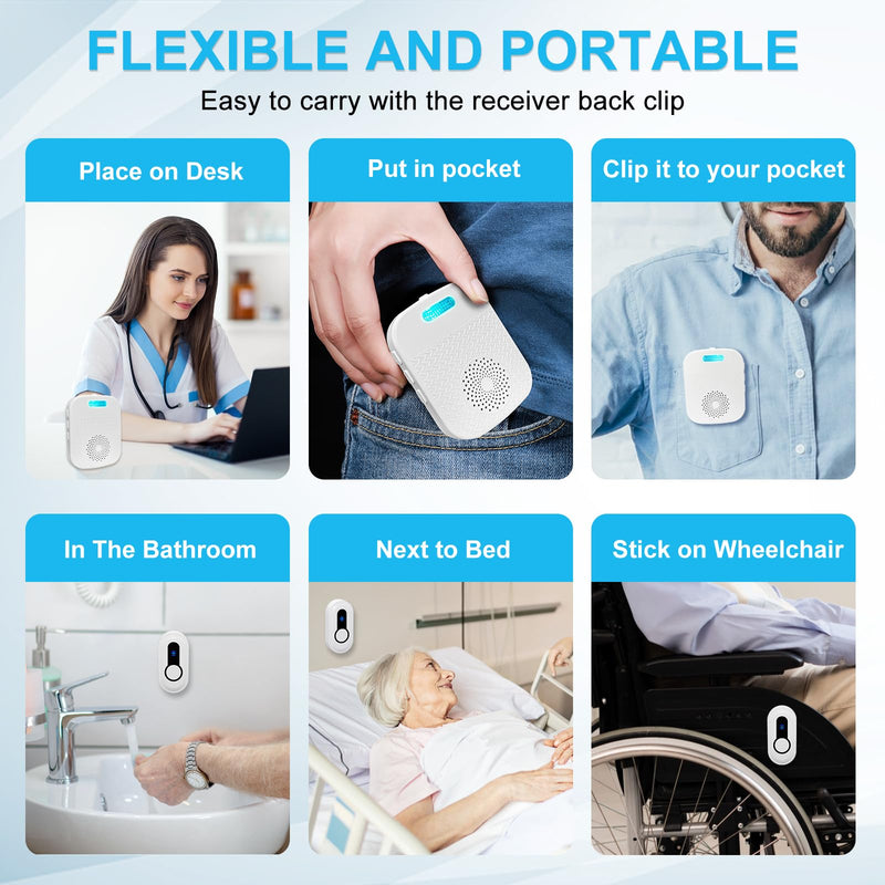 SanJie Wireless Caregiver Pager Call Bell for Patients at Home 328Ft Range Call Button for Elderly Life Alert Systems for Seniors (2 Rechargeable & Portable Receiver,3 Emergency Button) 3 buttons+2 receivers