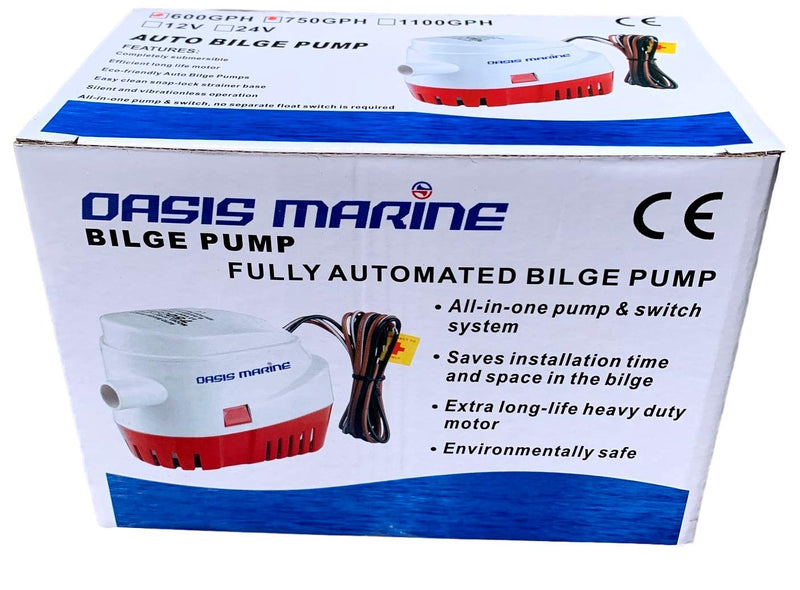 OASIS MARINE Automatic Bilge Pump with Built-in Float Switch 1100 GPH 12V Water Removal Pump, Stainless Steel Shaft, Snap-Lock Strainer Base, Quiet Operation, 1-1/8" Hose Outlet