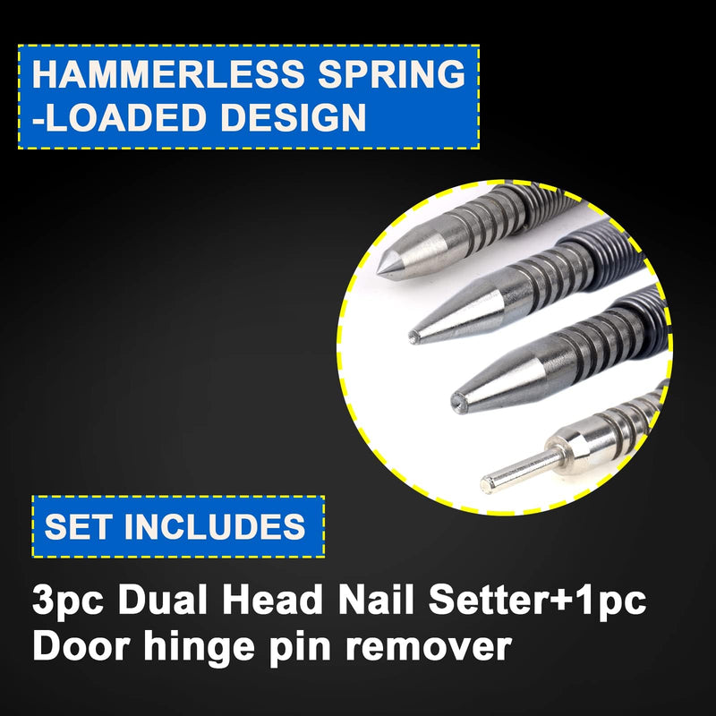 [Australia - AusPower] - Spring Nail Set,Dual Head Nail Setter,4pcs Hammerless Door Hinge Pin Removal Tool,Striking Force Spring Loaded Nail Punch?1/8-in, 3/32-in, 3/16-in, 1/16-in, 1/32-in, 1/8-in? 1/8-in,3/32-in,3/16-in,1/16-in,1/32-in,1/8-in,4pcs 