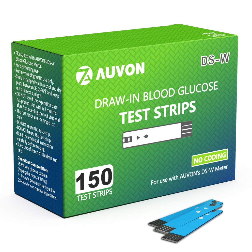 AUVON I-QARE DS-W Draw-in Blood Glucose Test Strips for use with AUVON DS-W Diabetes Sugar Testing Meter (No Coding Required, 150 Count) 1 Count (Pack of 150)