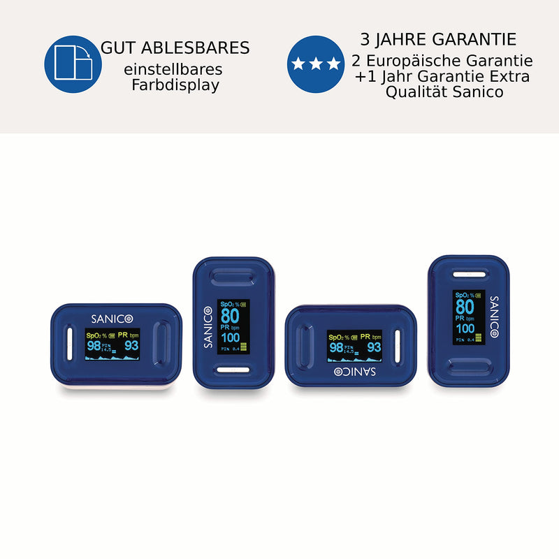[Australia - AusPower] - SANICO Pulse Oximeter - Digital Heart Rate Monitor, European Brand, Perfusion Index and Blood Oxygen Saturation SpO2 6-Way Adjustable Colour Display - Batteries Included 