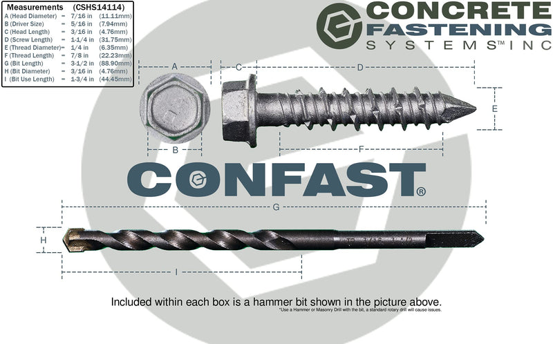 [Australia - AusPower] - CONFAST 1/4" x 1-1/4" Concrete Screws 410 Stainless Steel Hex with Concrete Drill Bit for Anchoring to Masonry, Block or Brick (50 per Box) 1/4" x 1-1/4" 