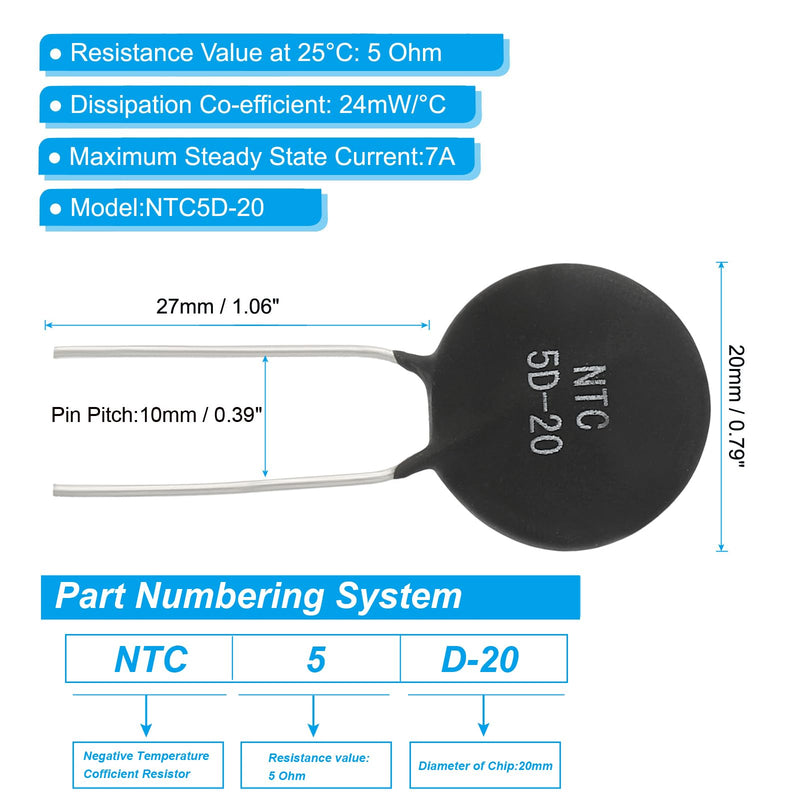 [Australia - AusPower] - PATIKIL NTC Thermistors Resistors 5 Pieces 5 Ohm NTC5D-20 Highly Sensitive Current Limiter Temperature Sensor for Measuring Temperature Black 