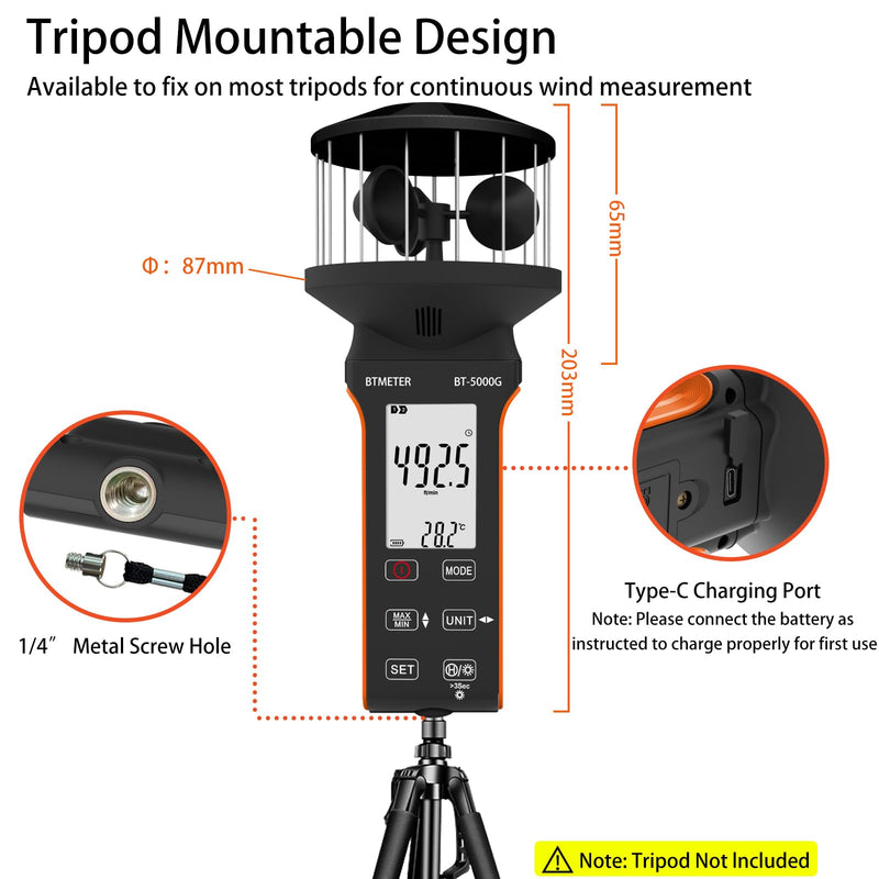 BTMETER Cup Anemometer - Handheld Airflow Meter BT-5000G Wind Speed Meter with LCD Backlight, Max/Avg/Current Mode to Measure CFM Air Flow Velocity Volume & Wind Temp for HVAC Sailing Drone Golf Black
