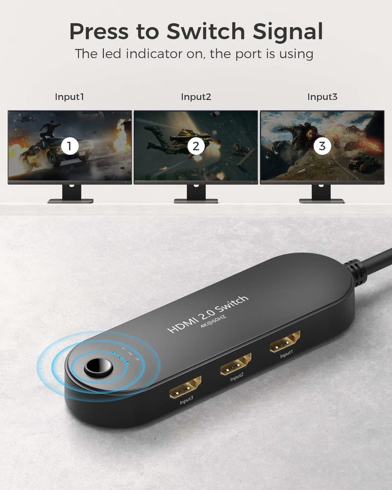 [Australia - AusPower] - HDMI Switch 4K@60Hz, Vilcome 4K HDMI Splitter 3 in 1 Out, 3 Port Hdmi Switcher Box Supports UHD 3D HDR, Multi Port HDMI Hub Selector for Xbox PS3 4 5 TV Gaming Roku HDTV Fire Stick 1.25FT Cable 