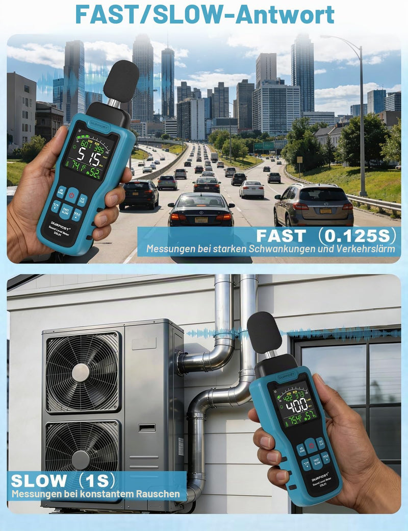 DURFICST Decibel Meter 30-130dB Meter with Temperature Humidity | Sound level meter with LCD color display, AC rating, dB/SONE unit, fast/slow response time