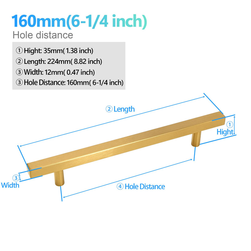Cabinet Pulls Gold Cabinet Handles Square Drawer Pulls, 10 Pack 6-1/4 Inch 160mm Hole Centers Stainless Steel Kitchen Door Cupboard Cabinet Handles,8.82 Inch Length Hardware Handles 6-1/4 Inch Hole Centers
