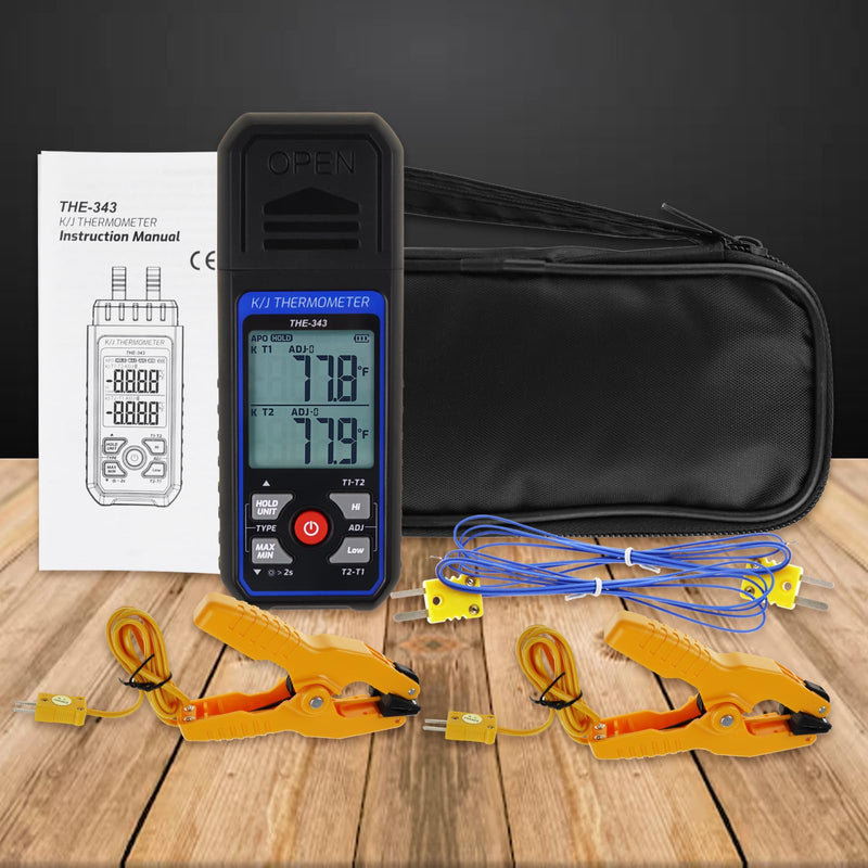 [Australia - AusPower] - Thermocouple Thermometer HVAC Temperature Meter, Digital Temperature Thermometer with 2 Temperature Clamp & 2 Wired Thermocouple Probes, Dual Channel with Alarm & ADJ Compensation (-328~2500℉ Range) 
