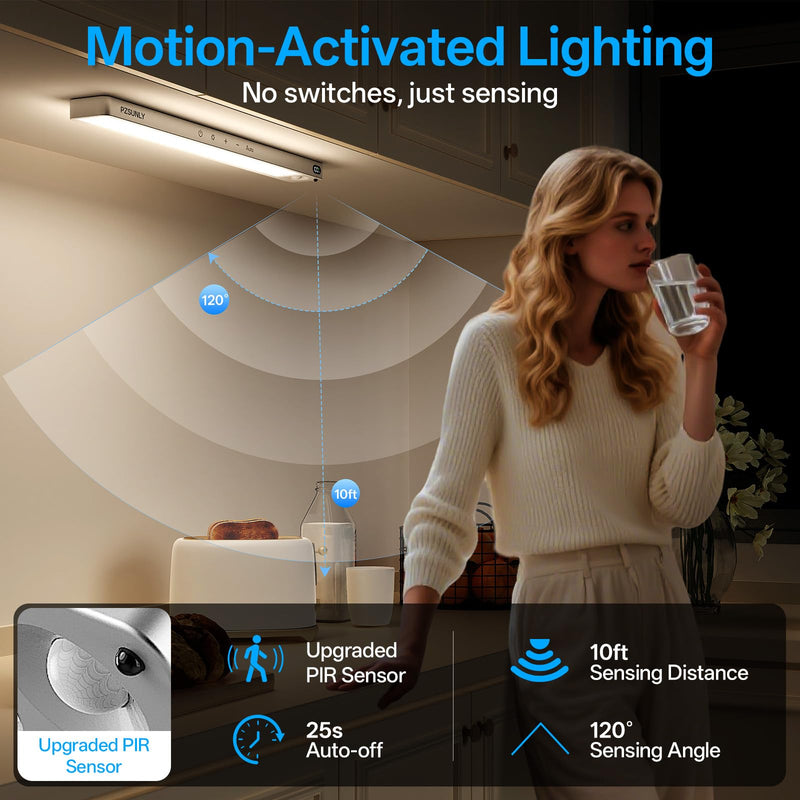 [Australia - AusPower] - 14.2inch Under Cabinet Lighting Wireless,Rechargeable Motion Sensor Light Indoor,3 Colors Dimmable,Magnetic Closet Lights with Remote,Under Counter Lights for Kitchen,Silver 2Pack Silver 