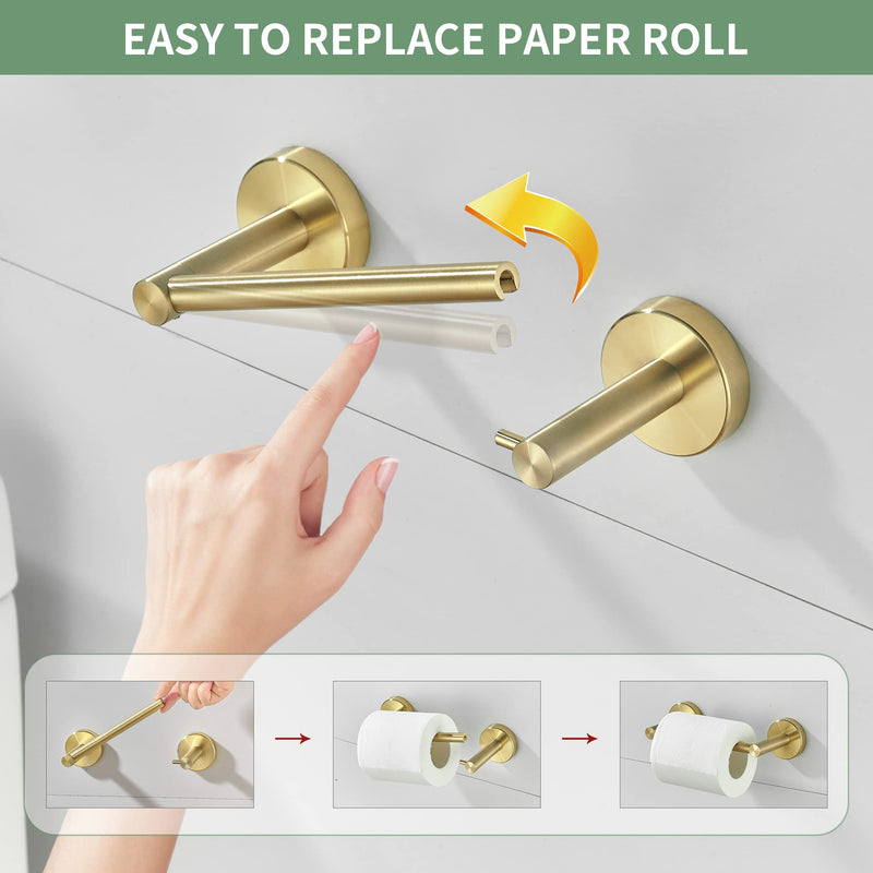 Gold Bathroom Hardware Set, Brushed Gold Toilet Paper Holder Towel Ring Robe Hooks Wall Mount Hand Towel Holder Bath Accessories Stainless Steel, 3 Pieces Brushed Gold 3 Pieces