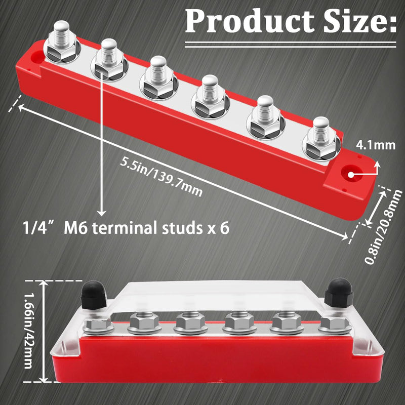 [Australia - AusPower] - (Red+Black) Power Distribution Terminal Block with Cover with 6 x 1/4” (M6) Post,Battery 12V Bus Bar with Ring Terminals for Car Boat Marine O-078 150A 6 x 1/4" (M6) 