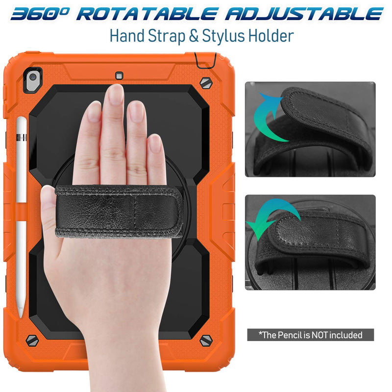 [Australia - AusPower] - Timecity Case for iPad 9th/ 8th/ 7th Generation 10.2 inch (Case for iPad 9/8/ 7 Gen): with Strong Protection, Screen Protector, Hand/Shoulder Strap, Rotating Stand, Pencil Holder - Orange Black+Orange 