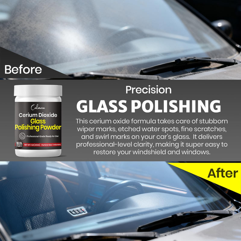 Calvana Cerium Oxide Glass Polishing Powder (1 lb) – Includes 100 PCS Polishing Buffing Wheels for Dremel Kit, Restores Clarity and Removes Wiper Marks, Swirls, and Water Spots, 1 Micron Polishing Powder + Polishing Buffing Wheels
