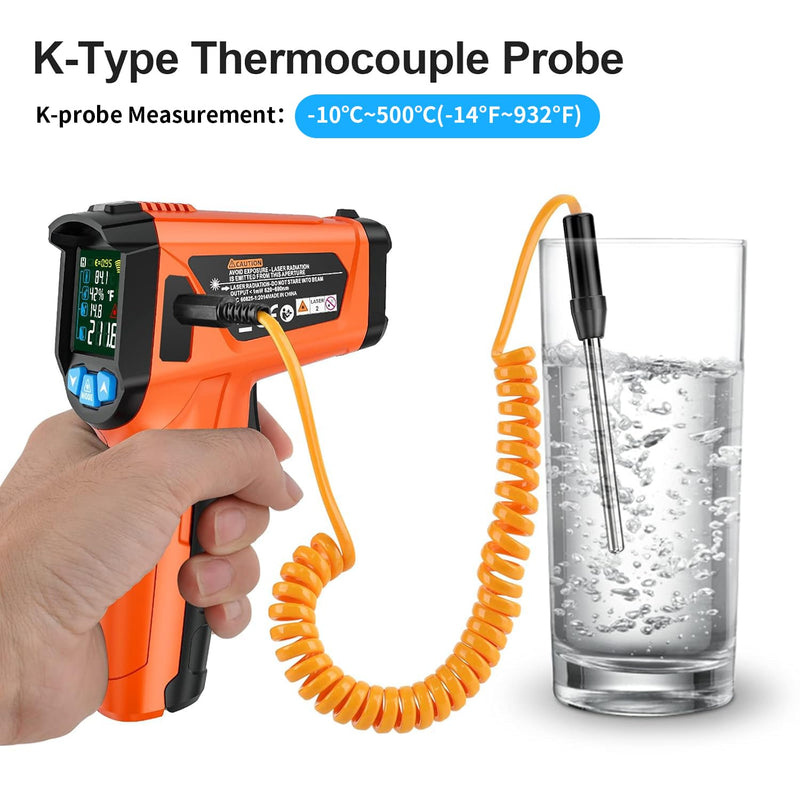 [Australia - AusPower] - Infrared Thermometer MESTEK Laser Thermometer Temperature Meter with K Probe -50°C ~ 800°C IR Temperature Meter Non-Contact with Colour LCD Digital Alarm Function Adjustable Emissivity for Kitchen orange 