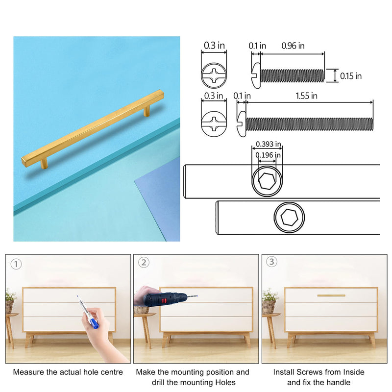 Cabinet Pulls Gold Cabinet Handles Square Drawer Pulls, 10 Pack 7-1/2 Inch 192mm Hole Centers Stainless Steel Kitchen Door Cupboard Cabinet Handles,10 Inch Length Hardware Handles 7-1/2 Inch Hole Centers