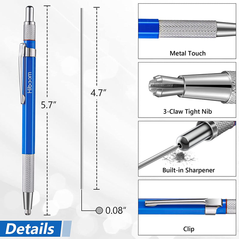 Hiboom 2 Pcs Welders Pencil with 24 Pcs Silver Round Refills, Mechanical Pencils Metal Marker with Built in Sharpener for Pipe Fitter Welder Steel Construction Fabrication Woodworking, Design Patent