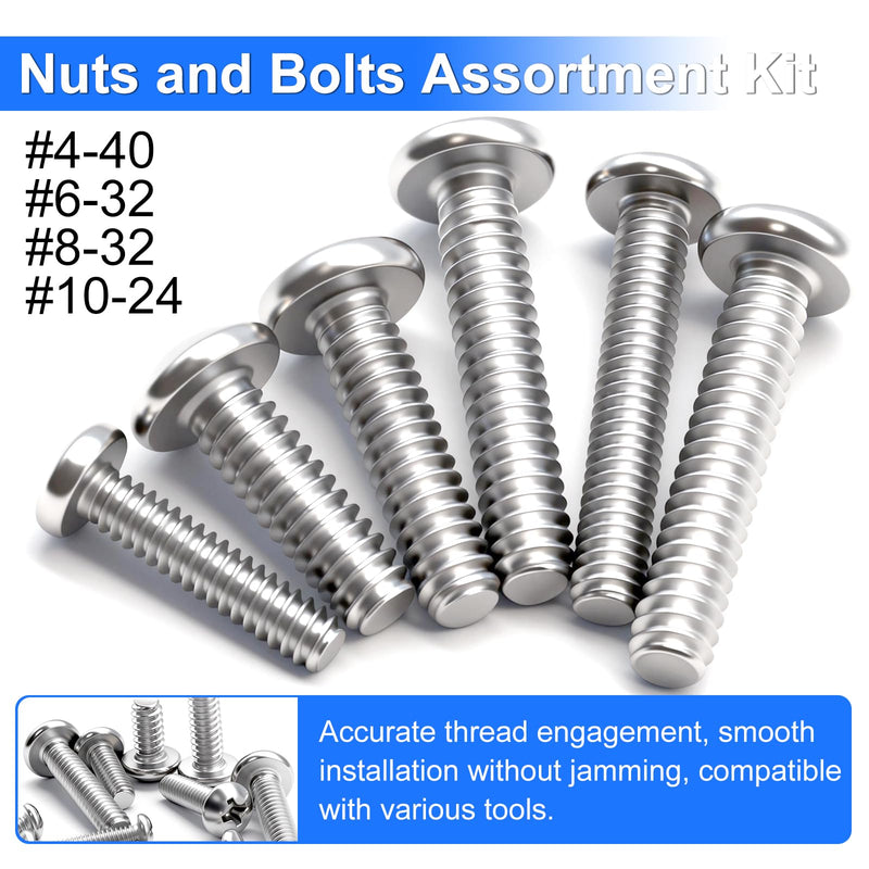 730Pcs Machine Screws Nuts and Bolts Assortment Kit, 304 Stainless Steel Bolts 16 Sizes #4-40#6-32#8-32#10-24 Phillips Pan Head Hardware Screws Assortment Kit with Nuts and Washers SAE #4-40 #6-32 #8-32 #10-24