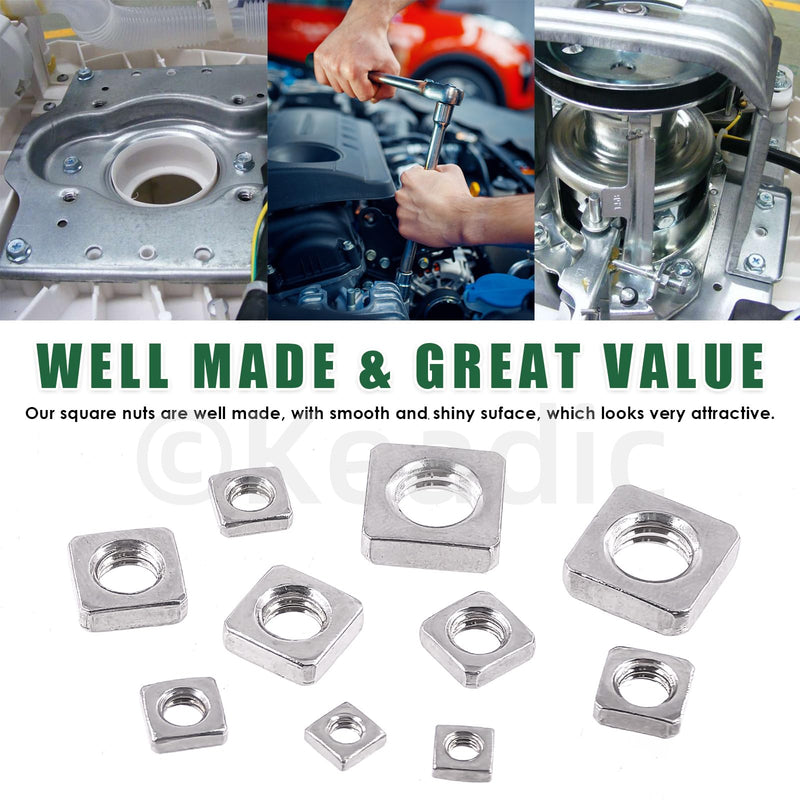 [Australia - AusPower] - Keadic 90Pcs 304 Stainless Steel Square Nuts Assortment Kit, M3x5.5mmx2mm, M4x7mmx2mm, M5x8mmx3mm, M6x10mmx3mm, M8x13mmx4mm Coarse Thread Nut for Furniture, Electrical Appliances 304 Stainless Steel (Silver) 
