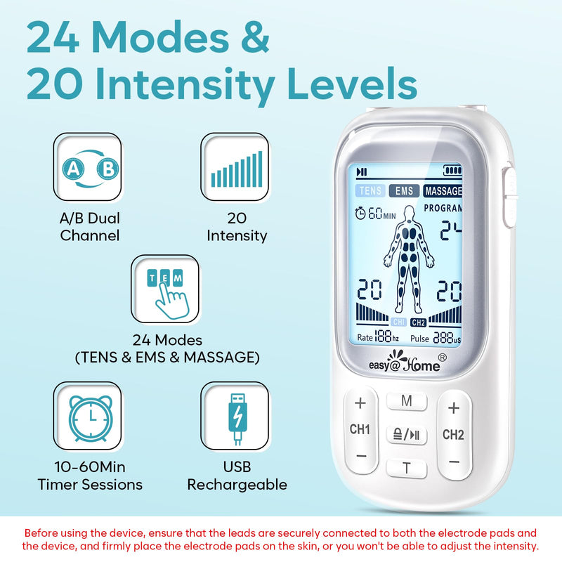 [Australia - AusPower] - Easy@Home Electronic TENS Unit: Pain Relief Therapy - EMS Pulse Massager Rechargeable Machine - Dual Channel 24 Modes 20 Intensities 16 Pads TENS and Powered Muscle Stimulator EHE020 White 