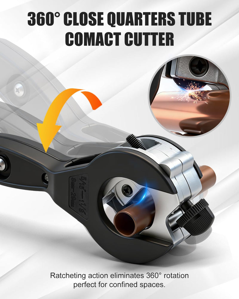 [Australia - AusPower] - 12 Pcs Ratcheting Pipe Cutter Tool Kit, Heavy-Duty Copper & PVC Pipe Cutter, Tubing Cutter 5/16" to 1-1/8", Close Quarters Tube Compact Cutter with Deburring Tools and Storage Bag for Professionals 