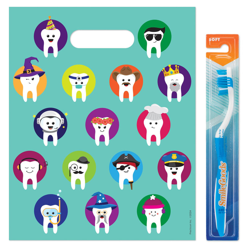 [Australia - AusPower] - Practicon Character Teeth 8" x 10" Dental Giveaway Bag, Dental Hygiene Patient Care Goodie Bag, Dentist Office Plastic Gift Bags, 100 Pack 8"x 10" 1 