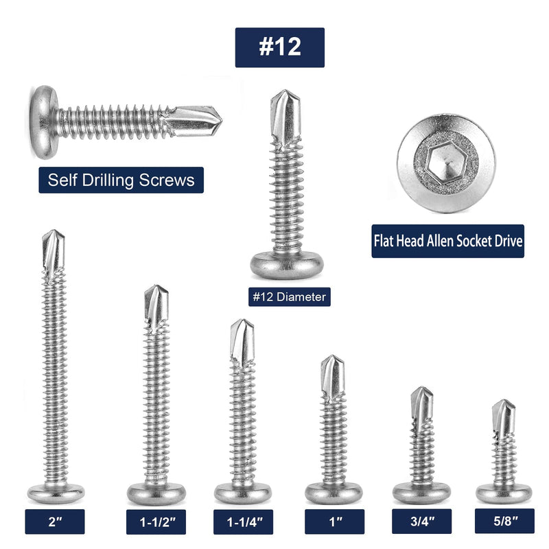 [Australia - AusPower] - #12 x 1" Sheet Metal Screws 100Pcs 410 Stainless Steel Flat Head Socket Cap Screws, Tek Screws Allen Socket Drive Screws Fast Self Tapping Screws by SG TZH #12 x 1" 