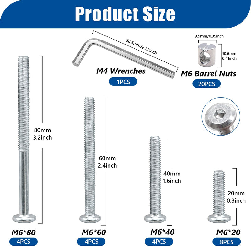 Taiss 20 Set Crib Screws M6x20mm/40mm/60mm/80mm Baby Bed Crib Screws Hardware Replacement Kit,Bunk Bed Bolts Hex Socket Cap Screws Bolt with Barrel Nuts/Wrenches for Beds Furniture Headboards Silver