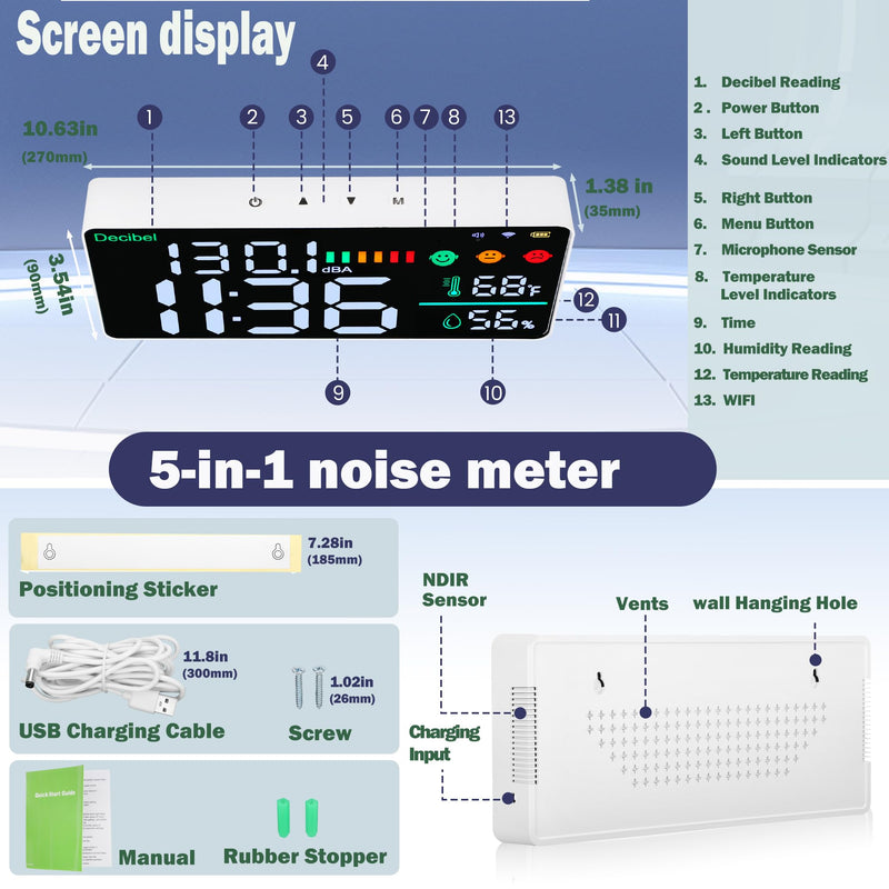 [Australia - AusPower] - Decibel Meter Wall Mounted Hanging and Desktop Sound Level Meter, 11 inch LED Large Display WiFi Noise Meter Decibel Time Temperature Humidity Meter with Alarm Icons Indicator for Classroom, Home 5-in-1 Noise Monitor 