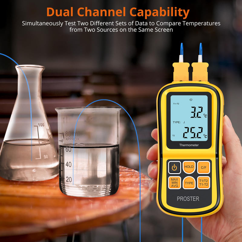 [Australia - AusPower] - Proster Digital Thermometer with 2 Dual Channel K-Type Thermocouples Sensor Probe LCD Backlight Temperature Meter Temperature Meter for Thermocouple Types K/J/T/E/R/S/N - Yellow 