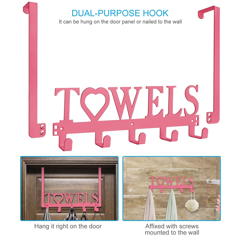 [Australia - AusPower] - Over The Door Towel Hooks, Metal Towel Racks, Heart Letter Towel Holder for Bathroom Door Hanger Hook Hanging Bath Towels, Head Towels, Robes Bathrobe Clothes, (Pink, Uppercase 5 hooks) Pink 