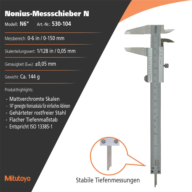 Mitutoyo 150 mm Analogue vernier caliper 0.5 mm | 1/128 in / 0.05 mm, metric/inch, mechanical reading, robust Single