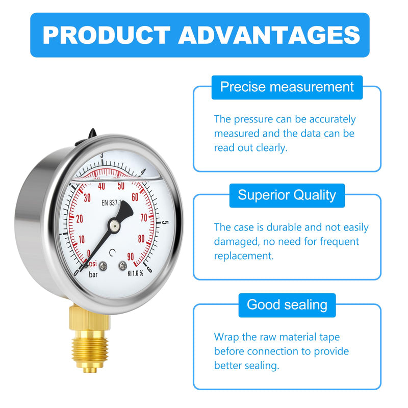 [Australia - AusPower] - ERGAOBOY 0-6 Bar (0-90 Psi) Stainless Steel 1/4 Inch BSP 2.5 Inch Dial Liquid Pressure Gauge, with Brass Adapter, Bottom Mounting 0-6 Bar(1/4" Flüssig füllen) Lower Mount 