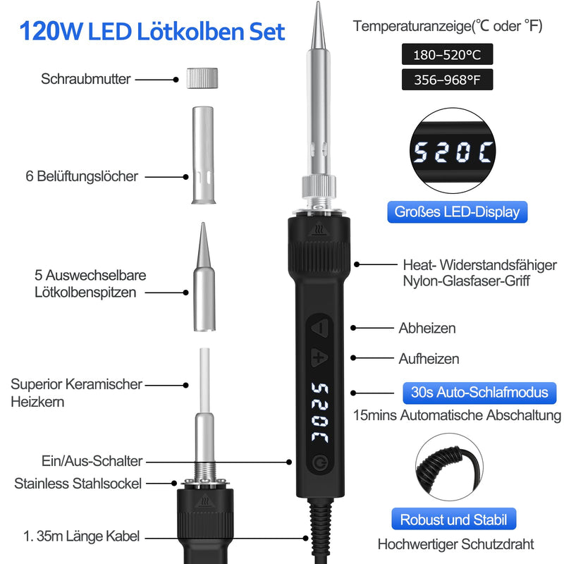120 W LED Soldering Iron Set, 7 Seconds, Heating, Adjustable Temperature 180-520 °C | Auto Schlafmodus Präzise Lötwerkzeuge Elektronik Reparatur mit Lötdraht 5 Lötkolbenspitzen Entlötpumpe Ständer Pinzette