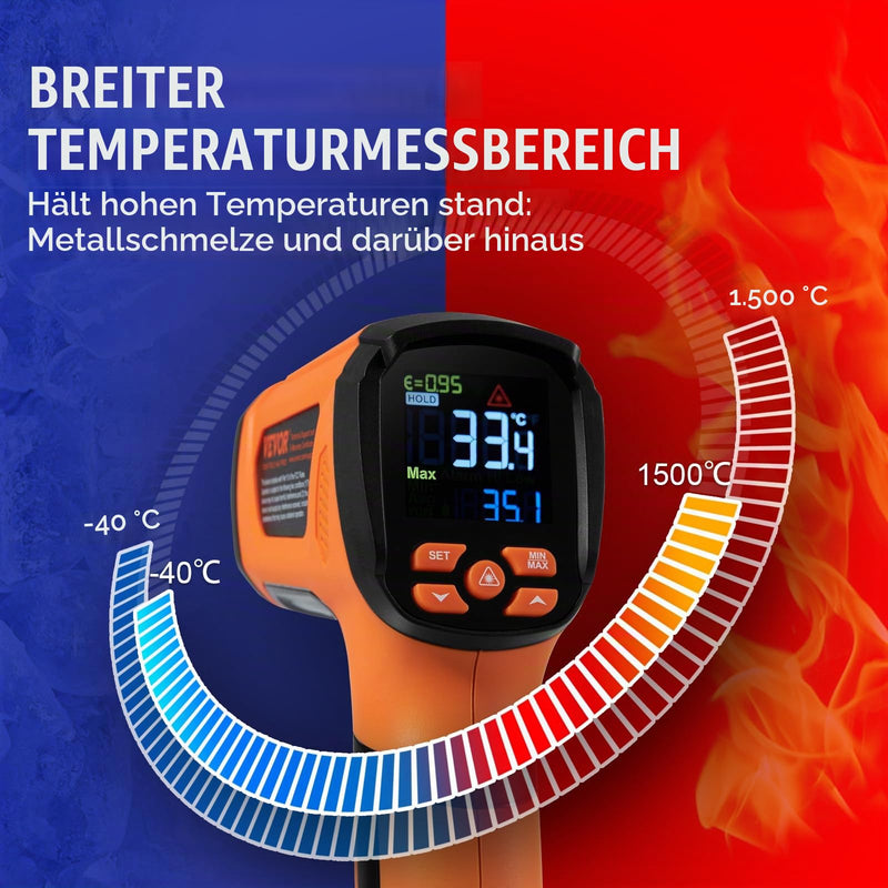 VEVOR Infrared Thermometer IR 50:1 Pyrometer -40°C to 1500°C Laser Temperature Meter 180 x 120 x 60 mm Temperature Meter Non-Human Body Thermometer for Cooking/Barbecue/Freezer/Industry