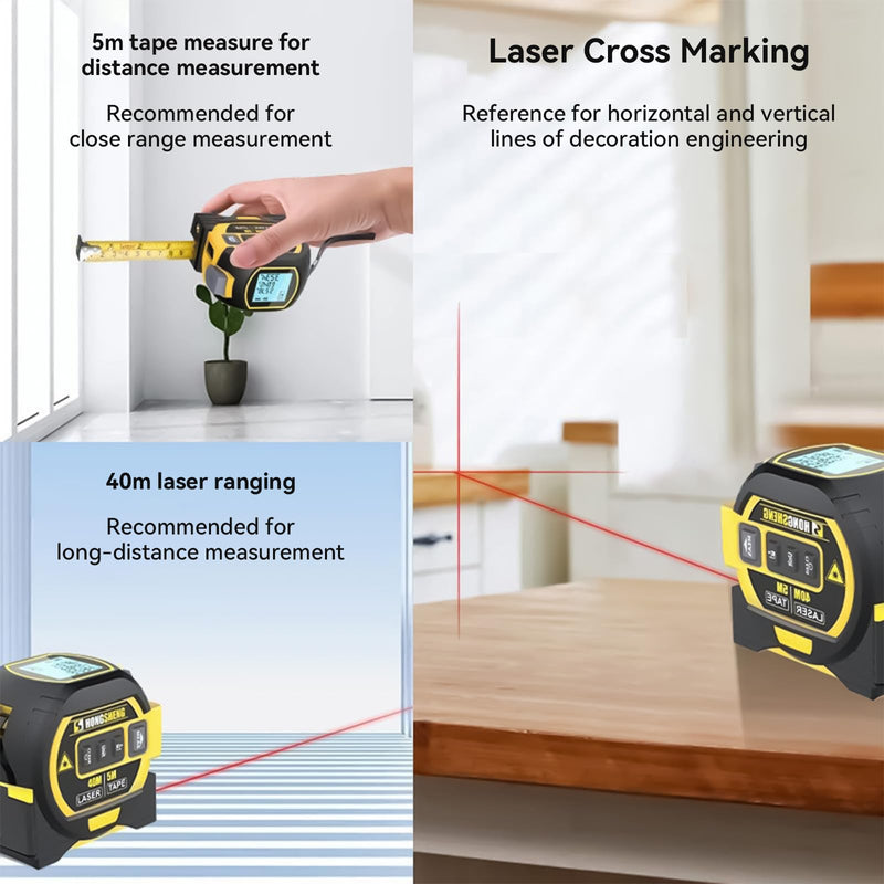 The Ruler 3-in-1 Measuring Tape, Tools Tape Measure, 3-in-1 Rangefinder with Led Display, 3 in 1 Digital Tape Measure with Cross Line, AutoLock, Measure Area, Volume, Pythagorean, Best Gift for Man Yellow 1Pc