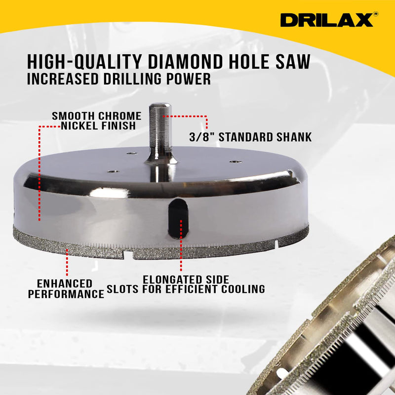 Drilax 5 Inch Diamond Hole Saw Drill Bit for Porcelain Tile, Granite, Glass & Ceramic - Heavy Duty Steel Core Cutter for Recessed Lighting, Shower Valves, and Toilet Flanges