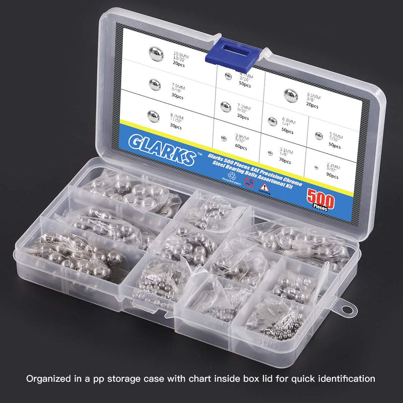 [Australia - AusPower] - Glarks 500Pcs 11 Size 3/32''-13/32'' SAE Precision Chrome Steel Assorted Loose Bicycle Bearing Ball Assortment Kit (SAE) 