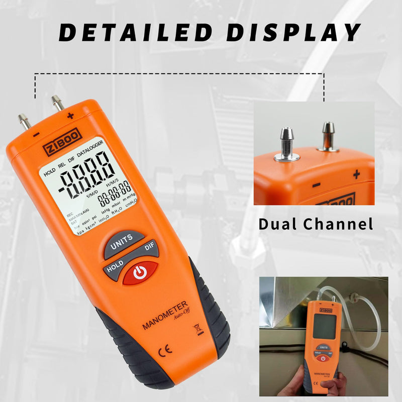 ZIBOO ET1013 Digital Manometer, Air and Gas Pressure Tester, Differential Dual Port Pressure Gauge, Large LCD Display with Backlight,HVAC Gas Pressure Tester ZIBOO ET1013