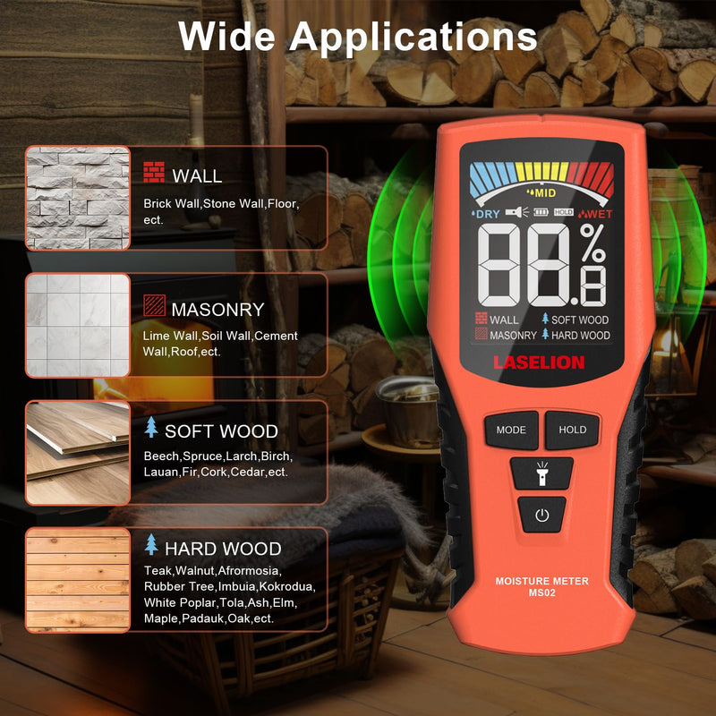 [Australia - AusPower] - Pinless Moisture Meter MS02 Non-Destructive Wood Moisture Meter Detector with Large LCD Display, Batteries, 4 Modes for Wood, Firewood,Walls,Building Materials 