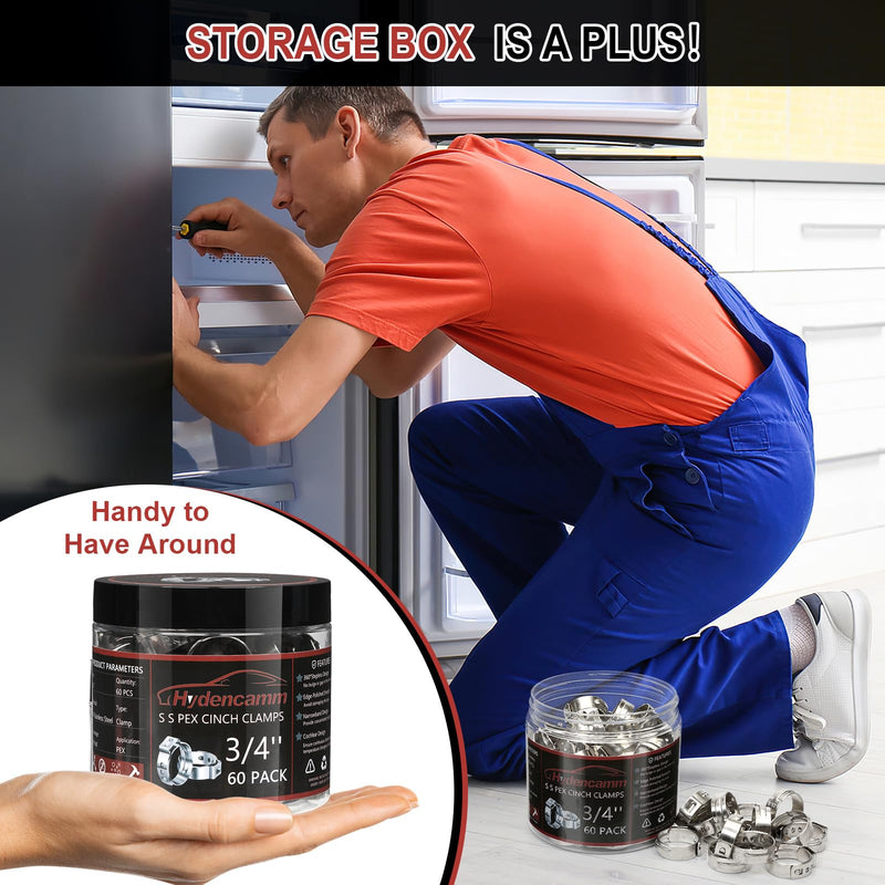 [Australia - AusPower] - 60 Pack 3/4 Inch PEX Crimp Rings, Premium 304 Stainless Steel Pex Clamps, Pex Cinch Clamp Rings with Storage Case for PEX Tubing Pipe Fitting Connections By Hydencamm(3/4"x60) 3/4"- 60pcs 3/4" 
