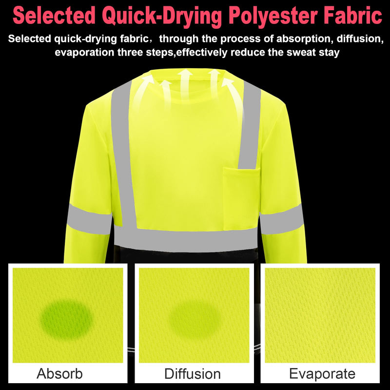Hi Vis Safety T Shirt Class 3 Reflective Black Bottom Long Sleeve High Visibility Shirts 3pcs Yellow Black Medium