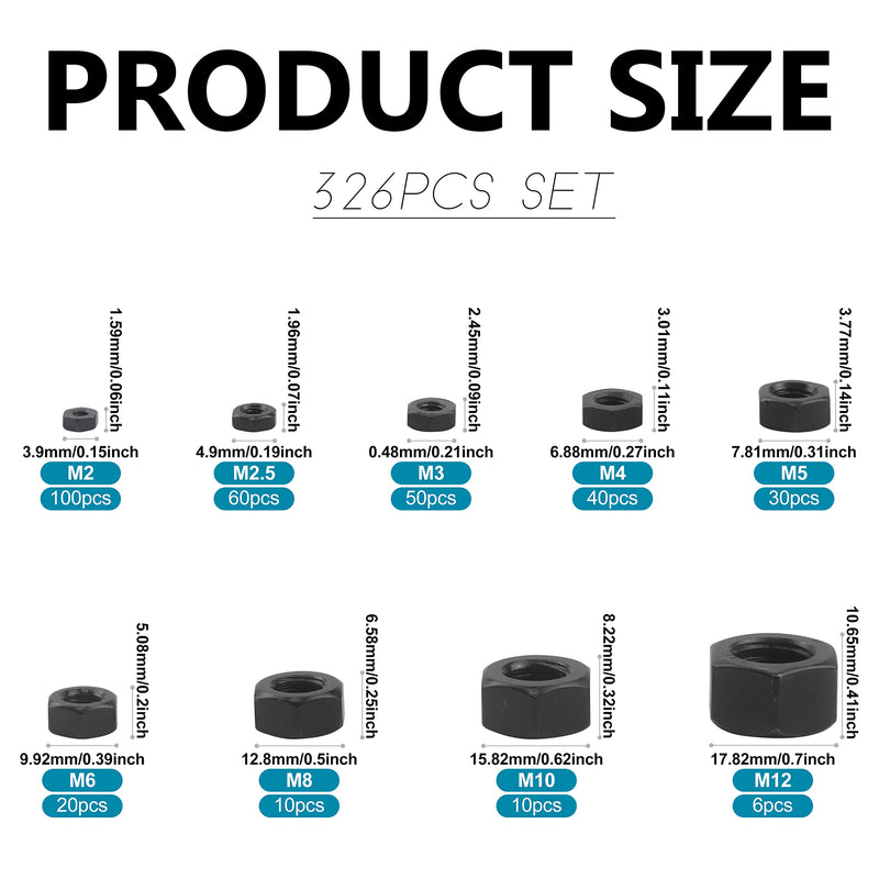 [Australia - AusPower] - NINDEJIN 326pcs Metric Black Hex Nuts Assortment Kit, M2 M2.5 M3 M4 M5 M6 M8 M10 M12 Assorted Metric Hardware Nuts Set, 9 Sizes Carbon Steel Metal Hex Nuts for Screw Bolt 