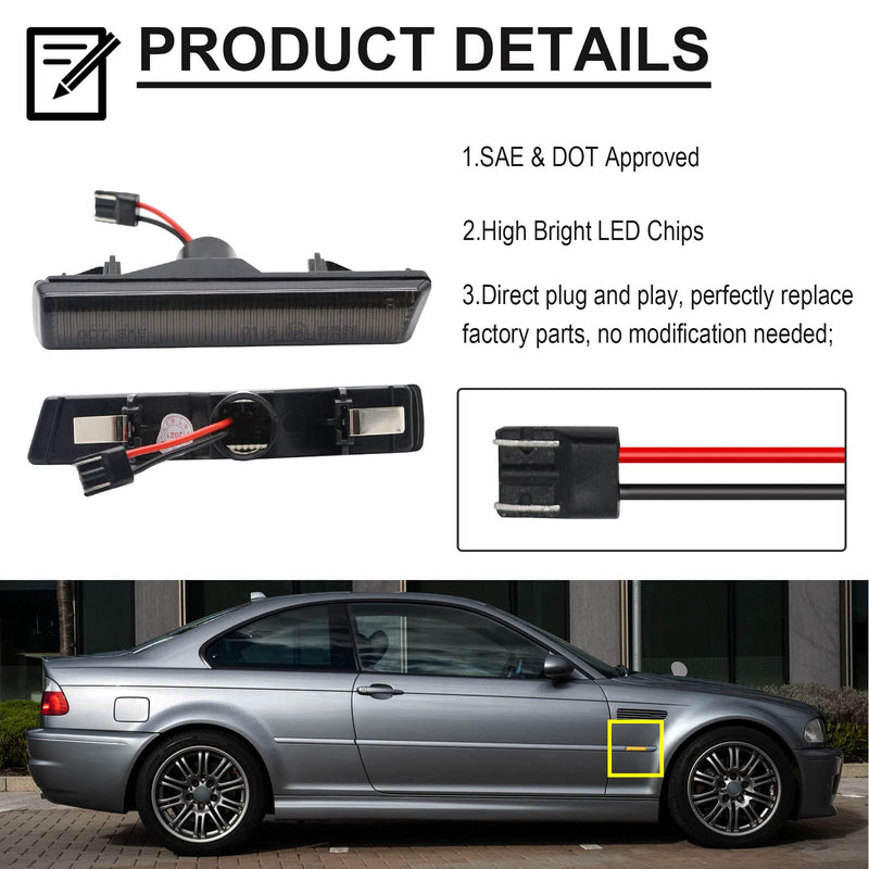 Sequential LED Turn Signal Lights Replacement for 7 Series E38 1995-2001, 3 Series E46 M3 2001-2006, Smoked Lens Front Amber Dynamic Fender Indicator Side Marker Lamp, Replace OE 63137165845 C2,Smoked Lens For 7 Series E38 1995-2001