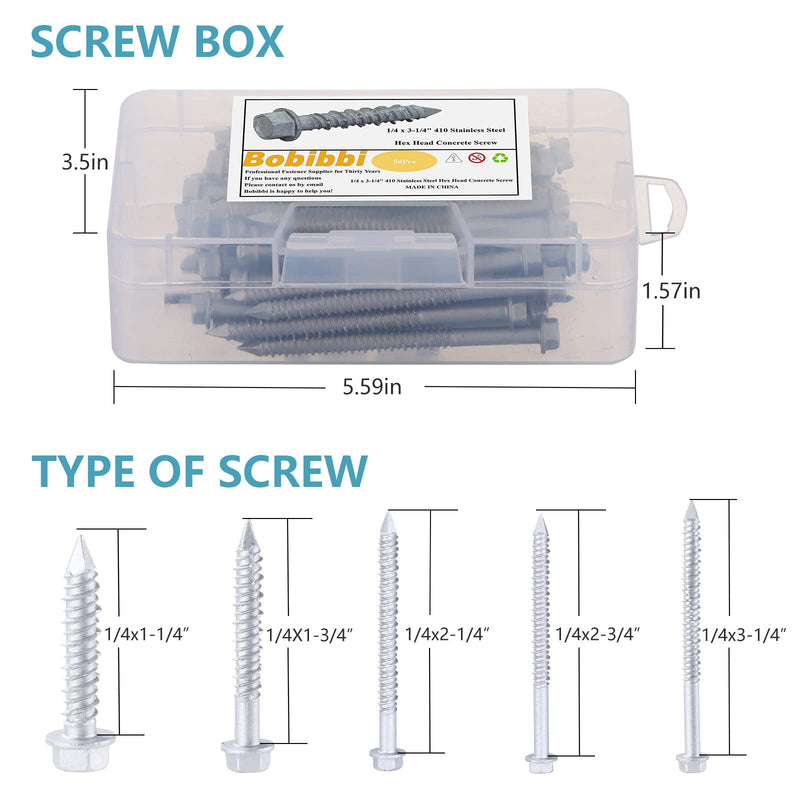 1/4 x 1-1/4" 410 Stainless Steel Hex Head Tapcon Concrete Screw Anchor, for Anchoring to Masonry, Block or Brick (50Pcs) 1/4 x 1-1/4"